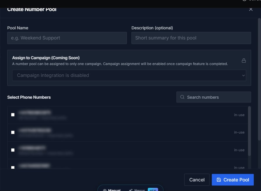 Create Number Pool modal — name, description, campaign assignment (locked), and phone-number picker