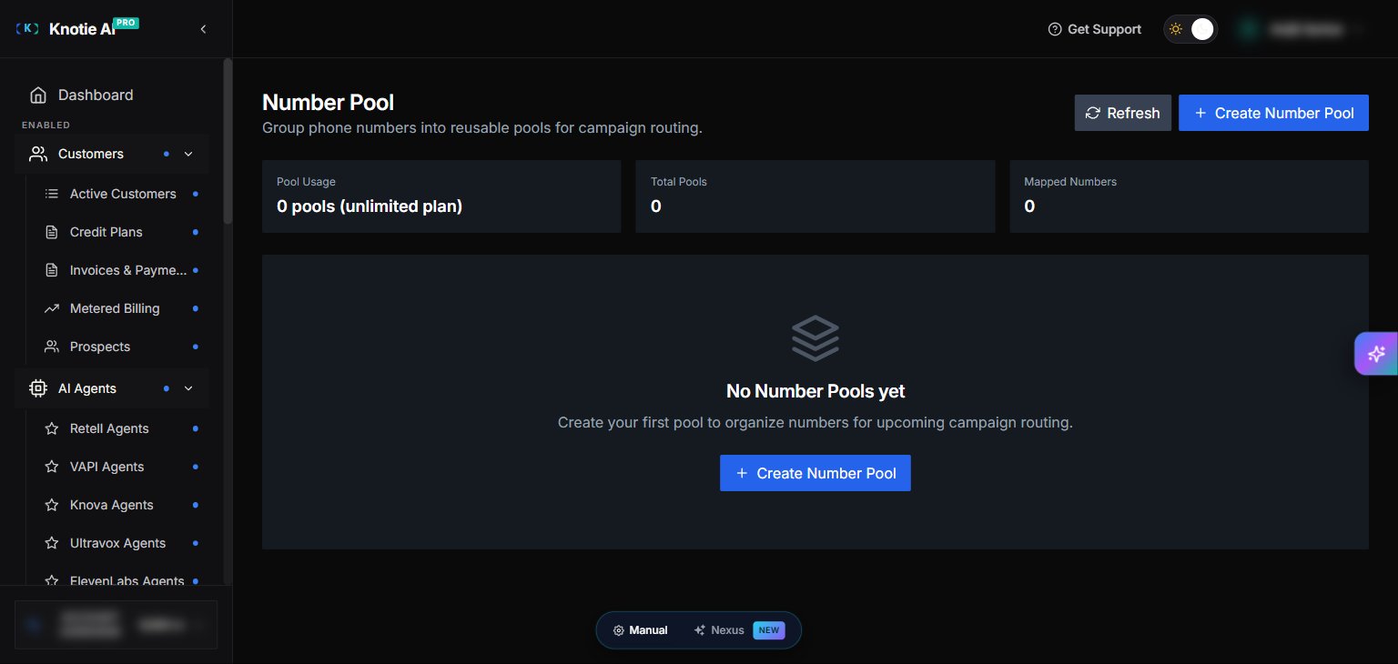 Number Pool page with usage stats and empty-state pool list