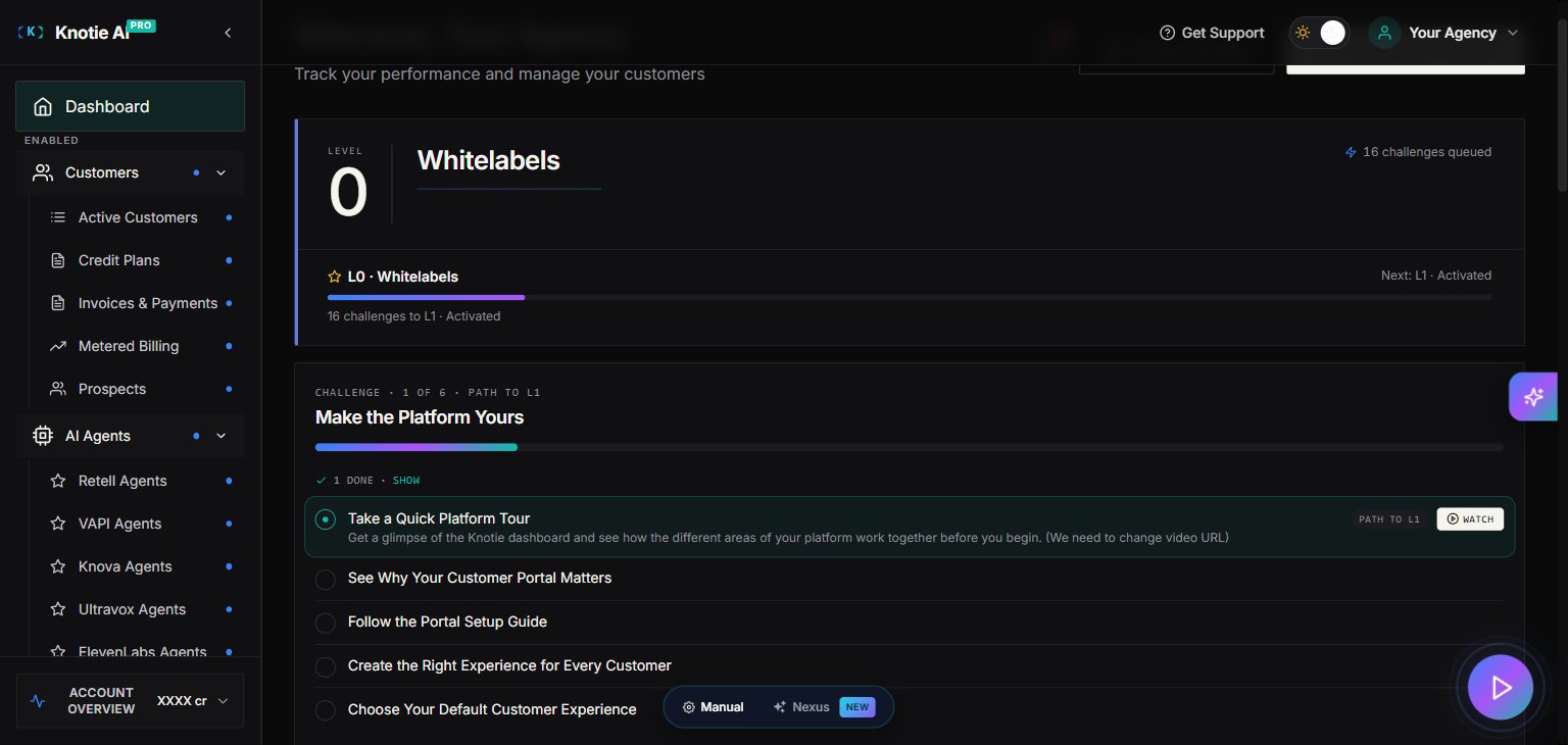 Partner Portal dashboard showing the onboarding challenge list — Challenge 1 of 6 with steps including platform tour, customer portal setup, and experience configuration