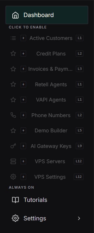 Partner Portal sidebar — a "Click to Enable" list of locked features, each tagged with the level it unlocks at (for example Active Customers at L1, Credit Plans at L2, Demo Builder at L5)