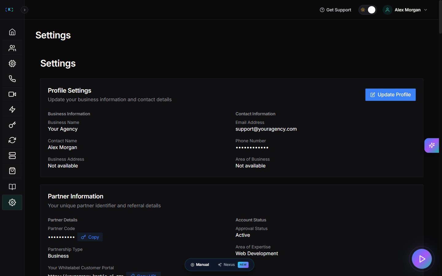 Partner Portal — Settings landing showing the Profile Settings card (business name, contact name, email, phone) and the Partner Information card (partner code, partnership type, whitelabel portal URL, account status)