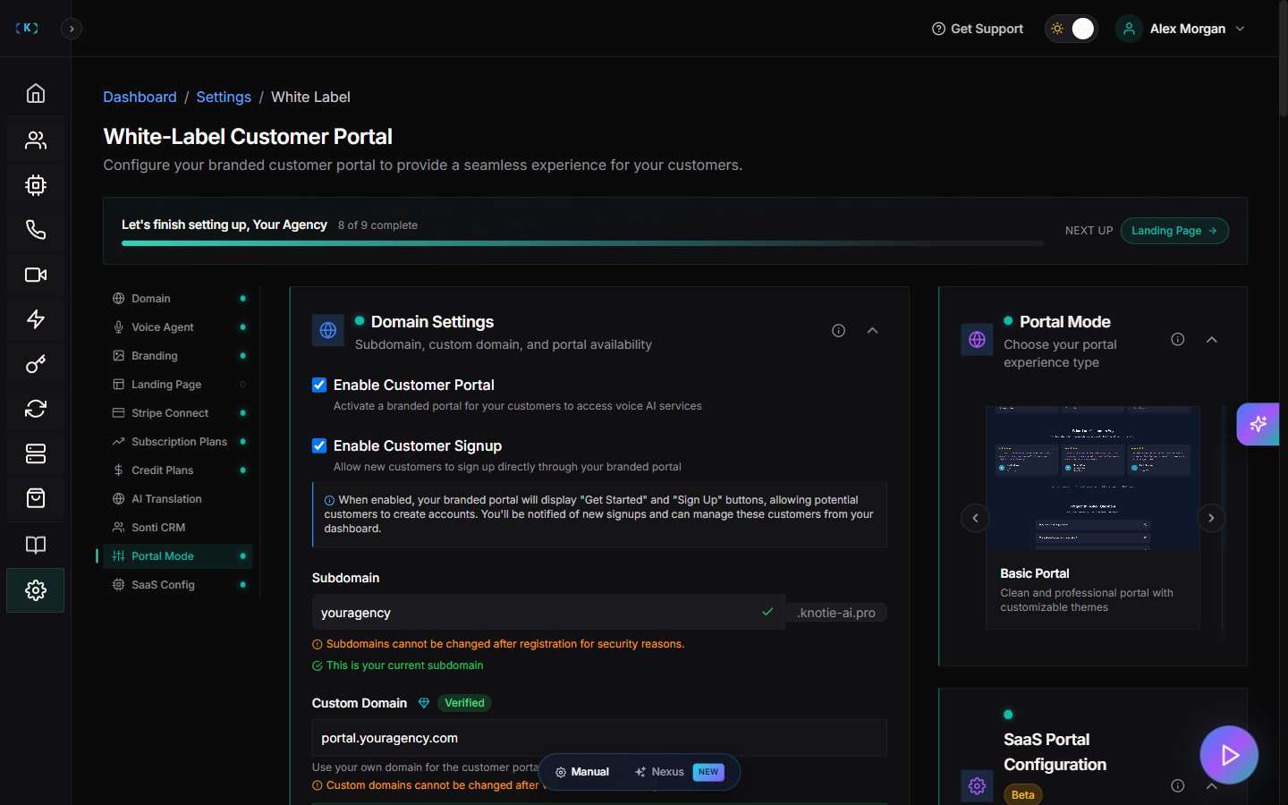 Partner Portal — White-Label Customer Portal page with the Setup Progress bar ("8 of 9 complete", Next up: Landing Page), the Section Navigation Rail on the left (Domain, Voice Agent, Branding, Landing Page, Stripe Connect, Subscription Plans, Credit Plans, AI Translation, Sonti CRM, Portal Mode, SaaS Config with status dots), the expanded Domain Settings section, and the Portal Mode / SaaS Config sidebar column