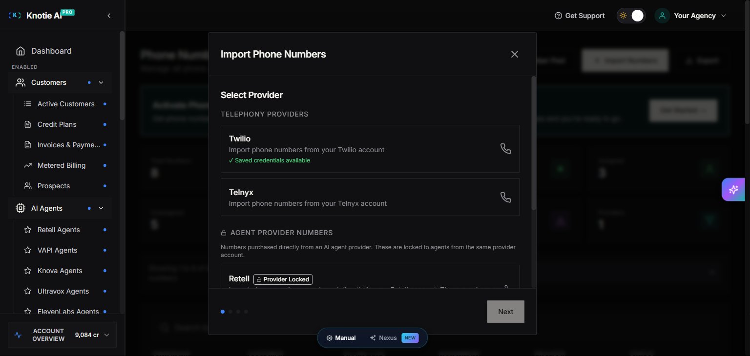 Phone Numbers list with the Import Phone Numbers modal open, showing provider options in the first step