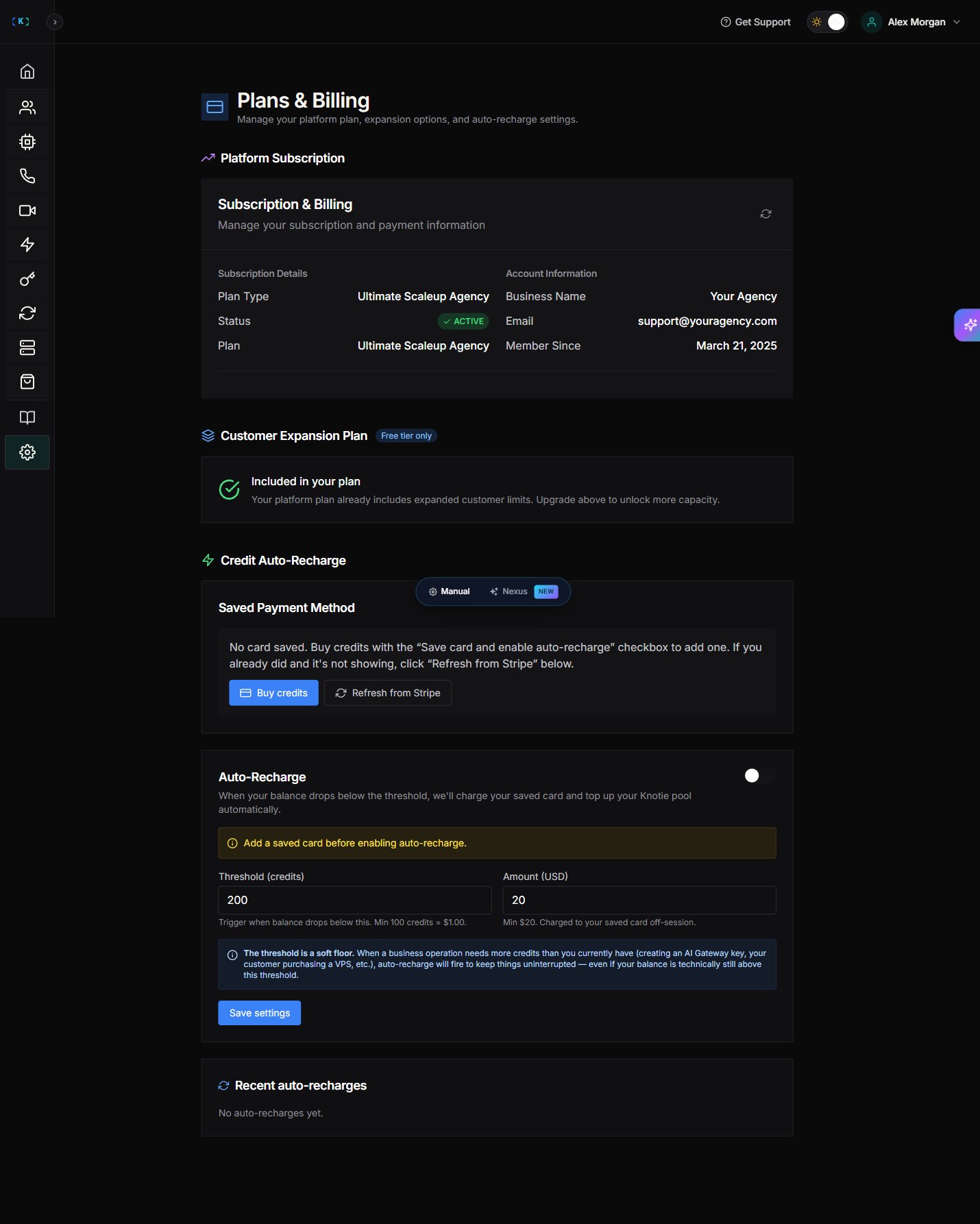 Plans & Billing page showing the Platform Subscription (Ultimate Scaleup Agency, ACTIVE), Customer Expansion Plan (Free tier only — included in your plan), and Credit Auto-Recharge settings (no card saved, threshold and amount fields, soft-floor note, and Recent auto-recharges)