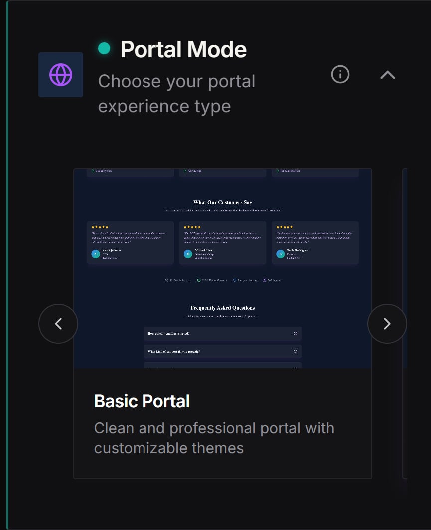 Portal Mode selector in White-Label Portal settings — the "Choose your portal experience type" carousel cycling between Basic, Professional, and SaaS portal modes