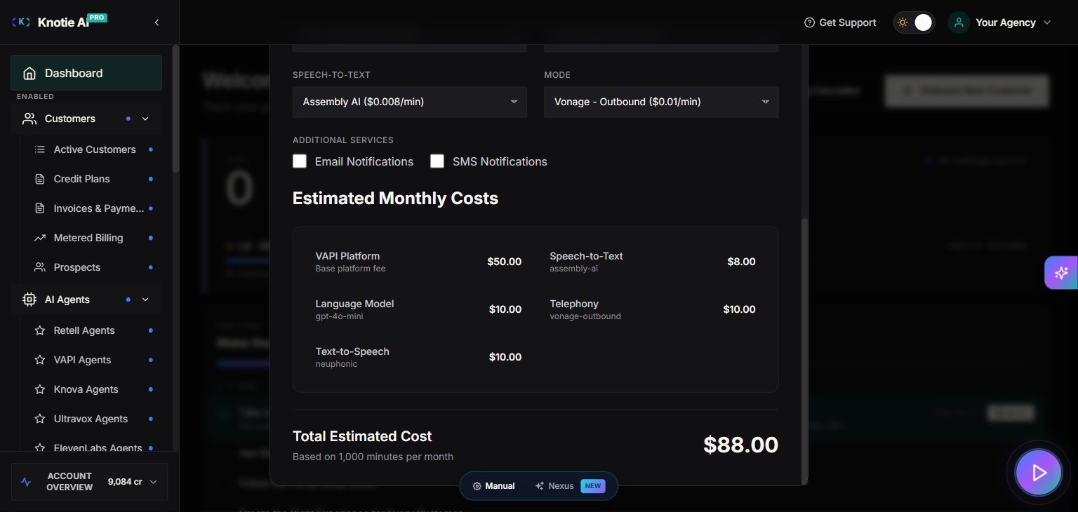 Pricing Calculator — cost breakdown and provider comparison at the bottom of the modal