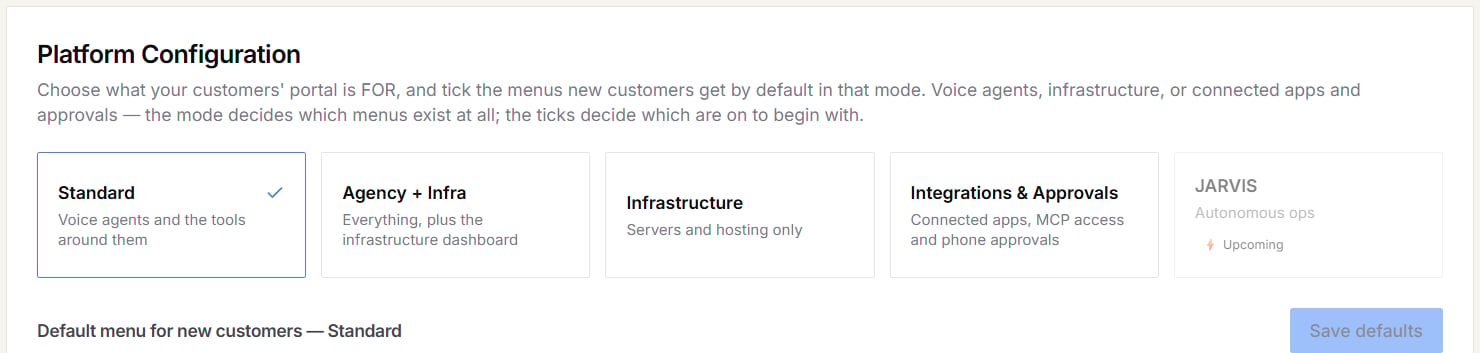 Platform Configuration with the Standard, Agency + Infra, Infrastructure, Integrations & Approvals, and JARVIS (Upcoming) mode cards
