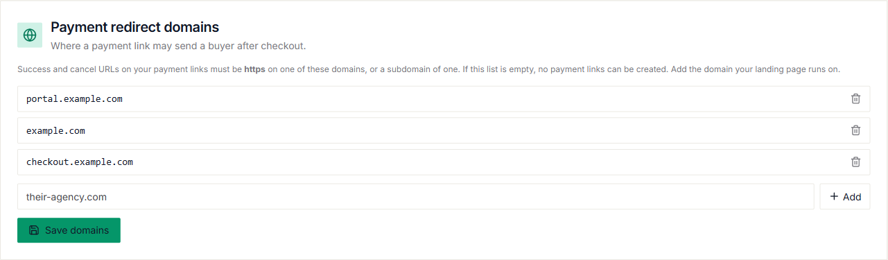 Payment redirect domains with example approved domains and the Add and Save domains actions