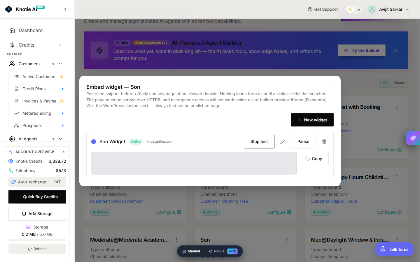 Widget test running in the Partner Portal, with Stop test and the live launcher visible