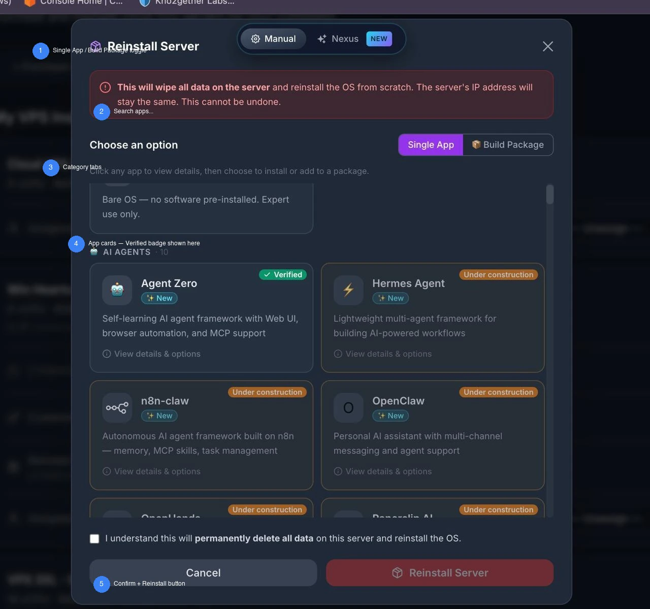 Reinstall modal — select Single App or Build Package, choose app, confirm