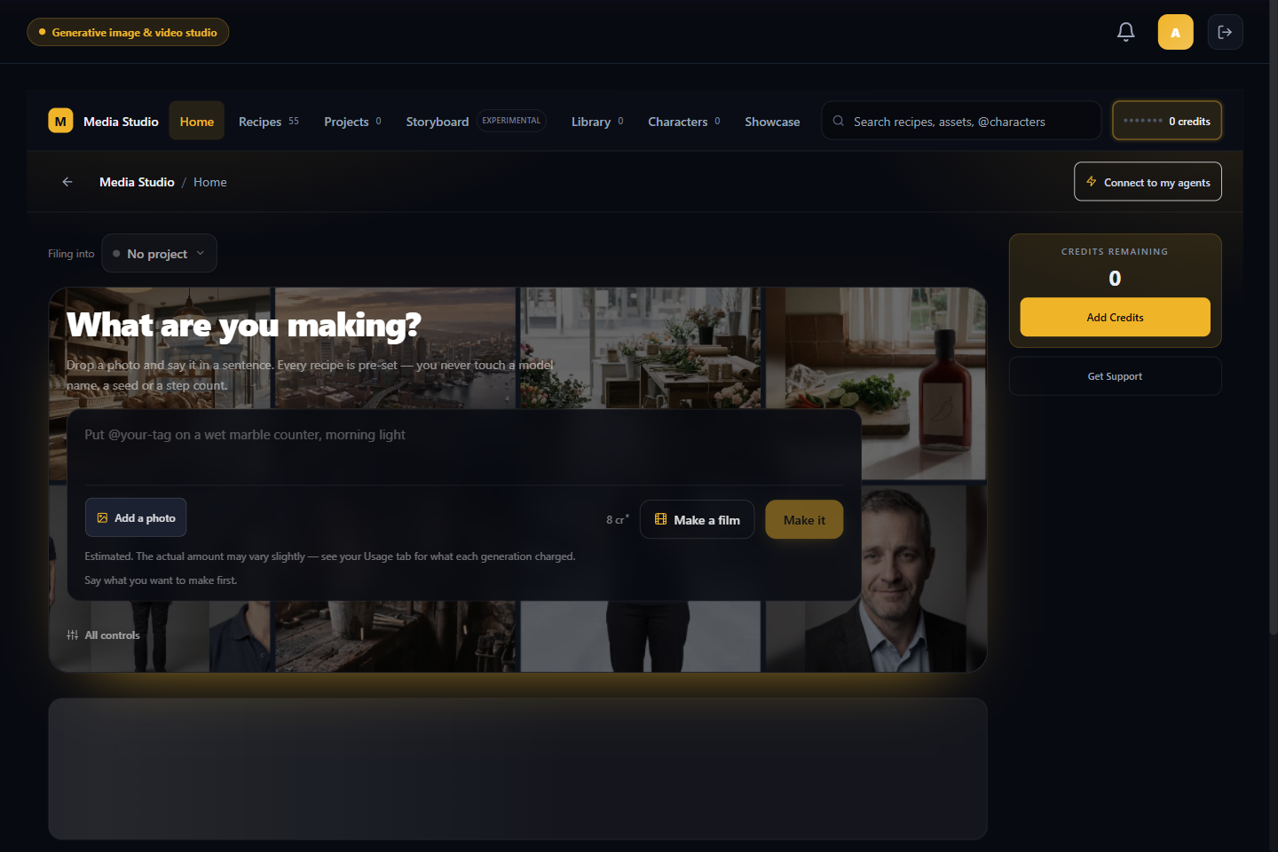 Media Studio home with prompt controls, recipe shortcuts, projects, and the agent connection
