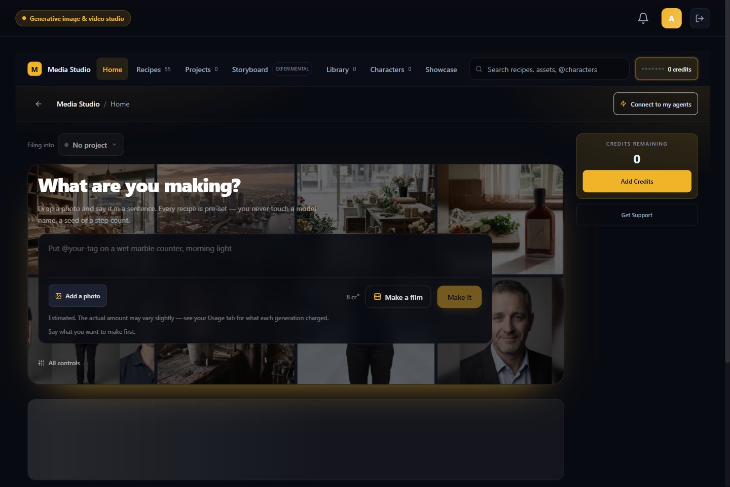 Media Studio home with prompt controls, recipe shortcuts, projects, and the agent connection