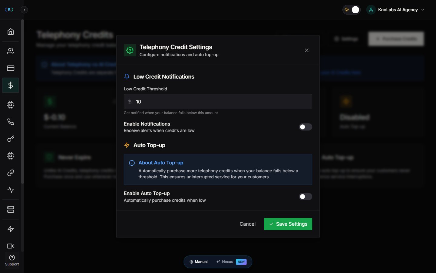 Telephony credit settings