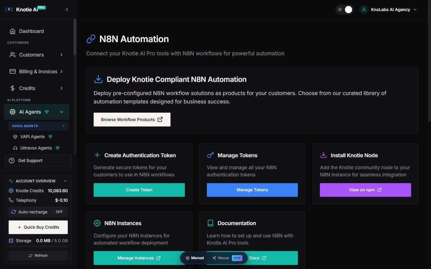 N8N Automation page with hero card Deploy Knotie Compliant N8N Automation, plus Create Authentication Token, Manage Tokens, Install Knotie Node, N8N Instances, and Documentation action cards