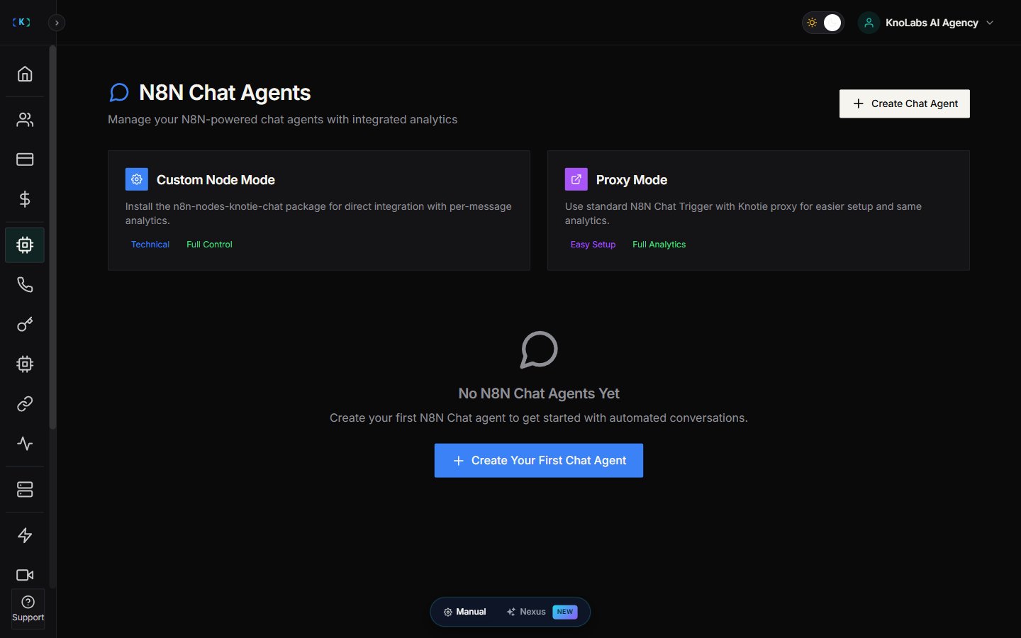 N8N Chat Agents empty state with Custom Node Mode and Proxy Mode setup cards and Create Your First Chat Agent button