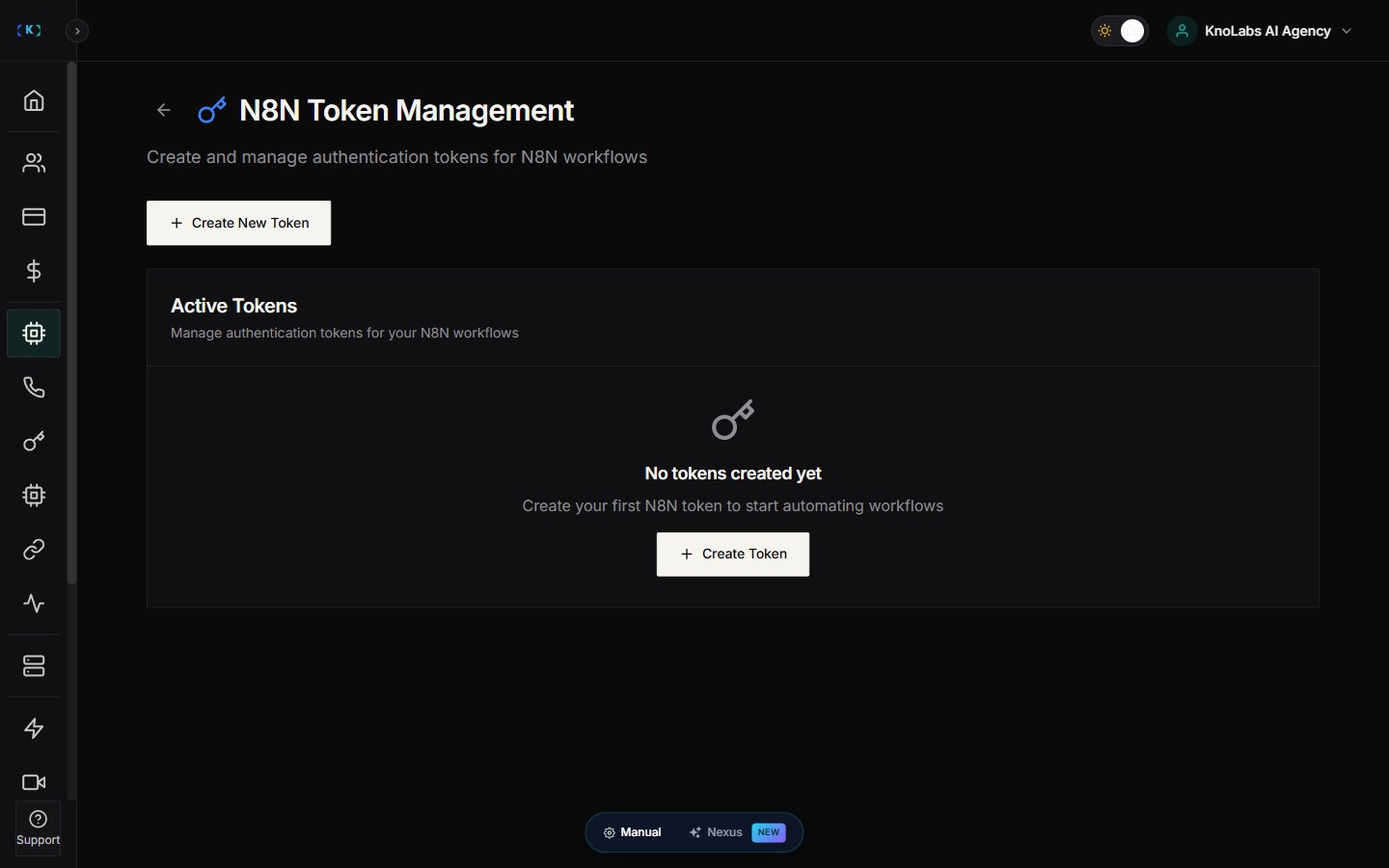 N8N Token Management page with empty Active Tokens list and Create New Token button
