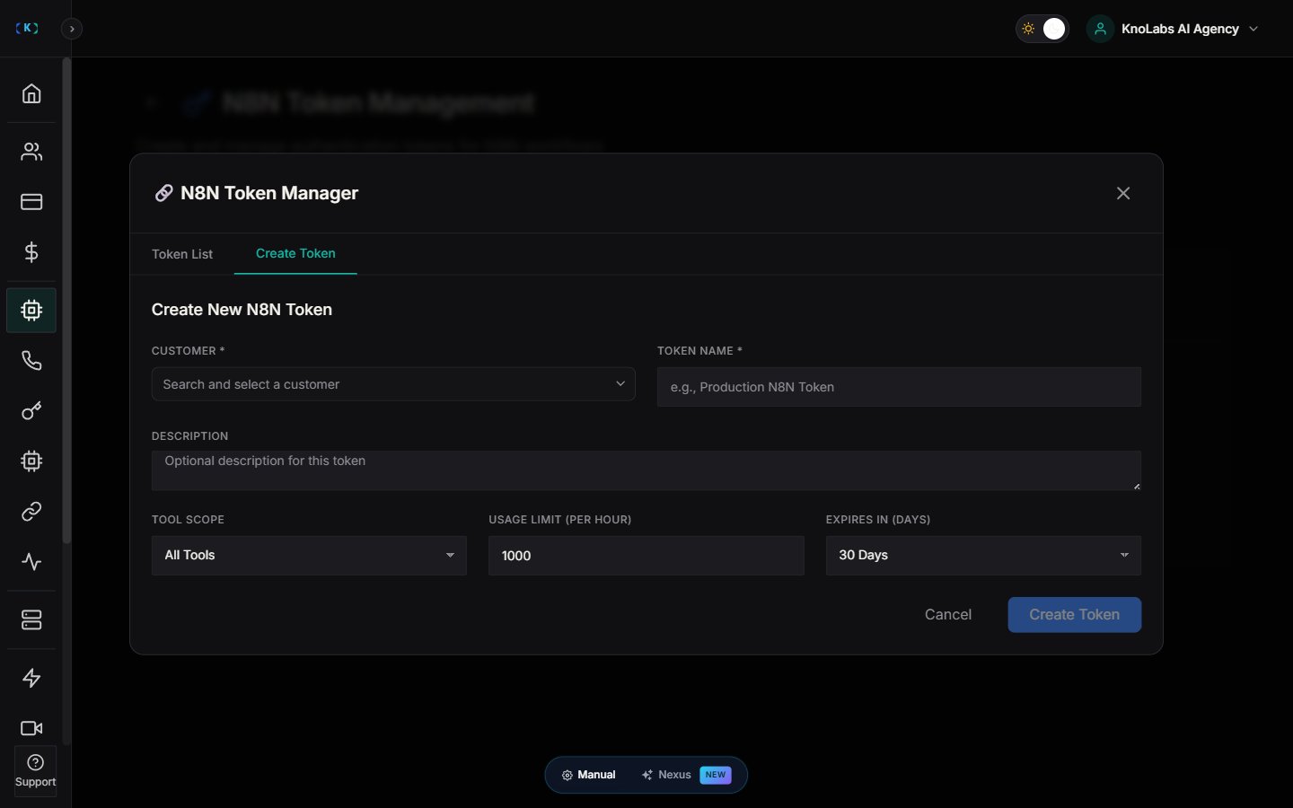 Create New N8N Token modal with Customer, Token Name, Description, Tool Scope, Usage Limit per hour, and Expires In days fields