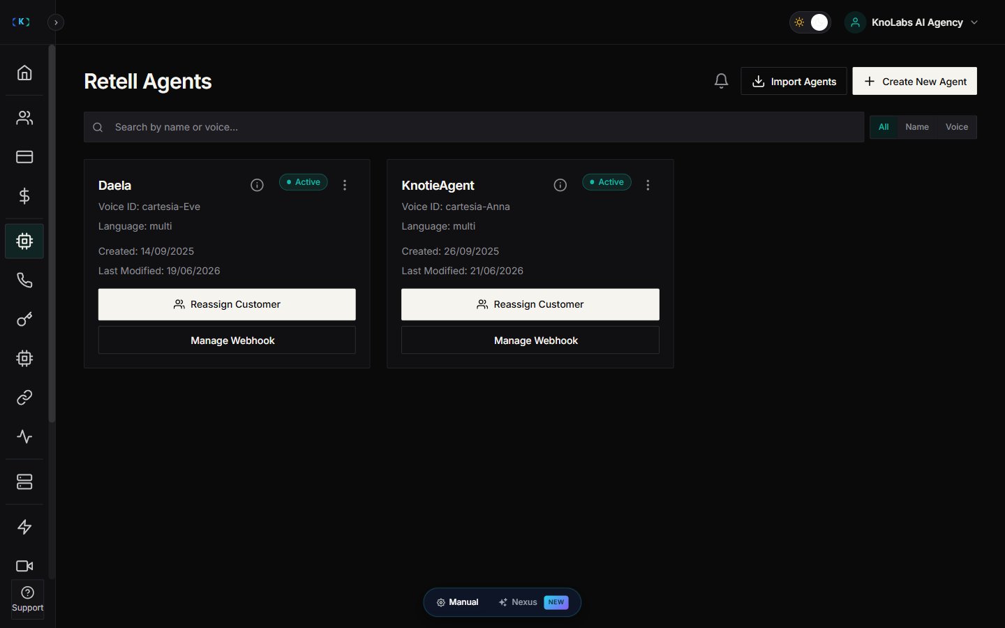 Retell Agents page showing imported agent cards with Import Agents and Create New Agent buttons in the header