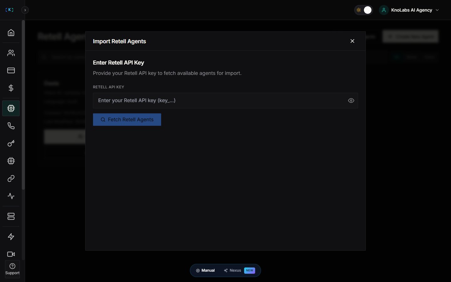 Import Retell Agents modal with Retell API Key field and Fetch Retell Agents button