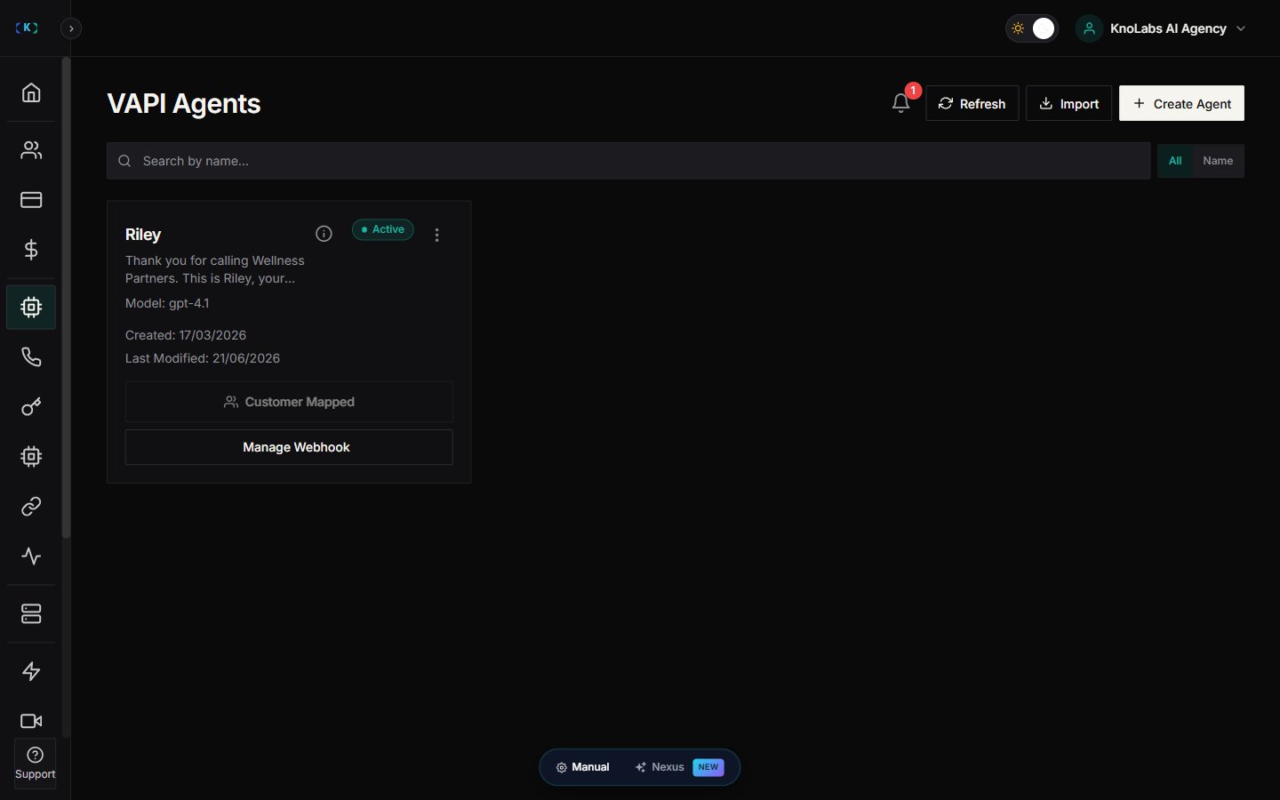 VAPI Agents page with Refresh, Import, and Create Agent buttons in the header and an imported agent card