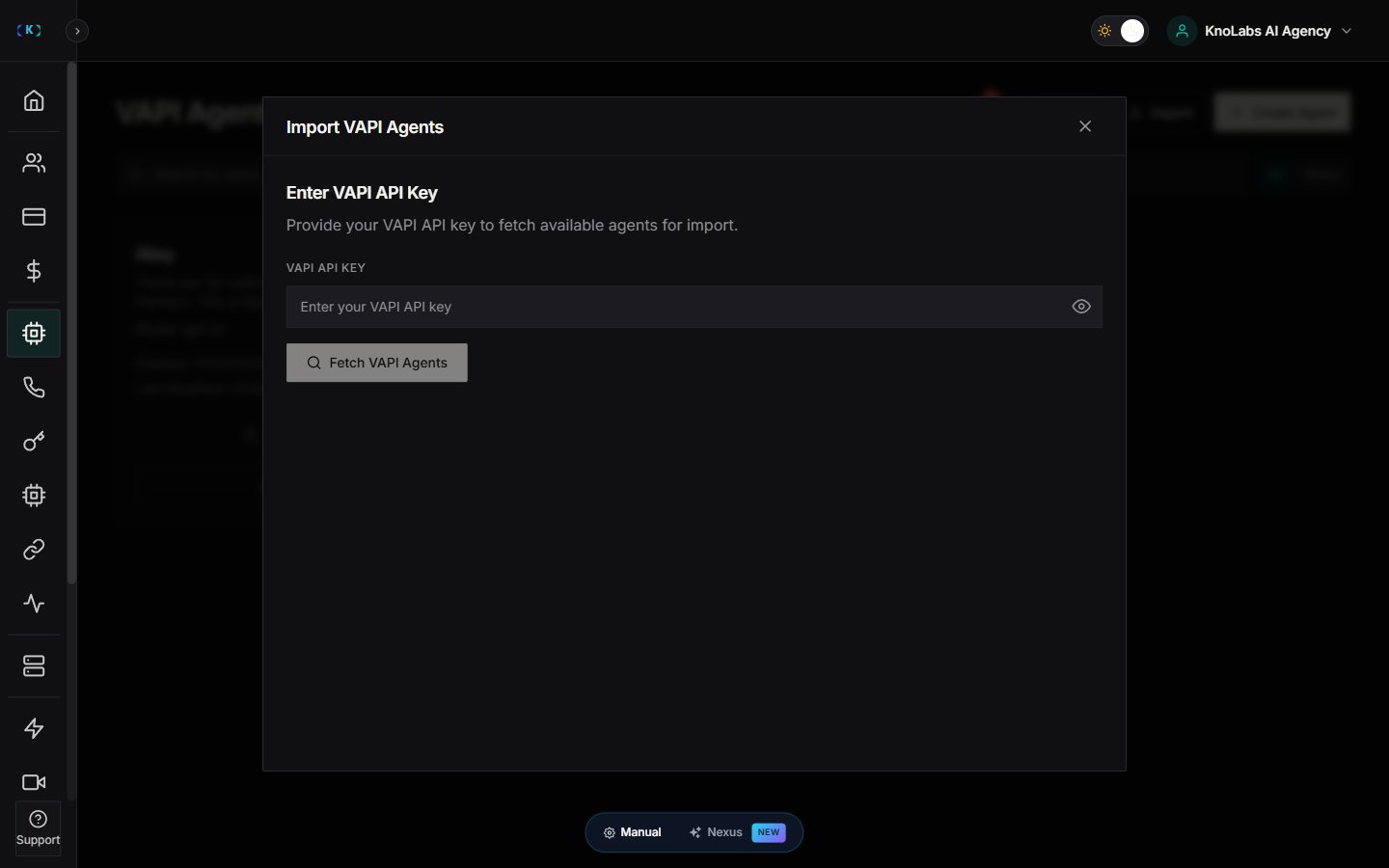 Import VAPI Agents modal with VAPI API Key field and Fetch VAPI Agents button