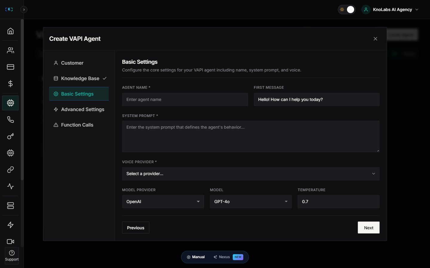 Create VAPI Agent modal showing Basic Settings step with Agent Name, First Message, System Prompt, and Voice Provider fields