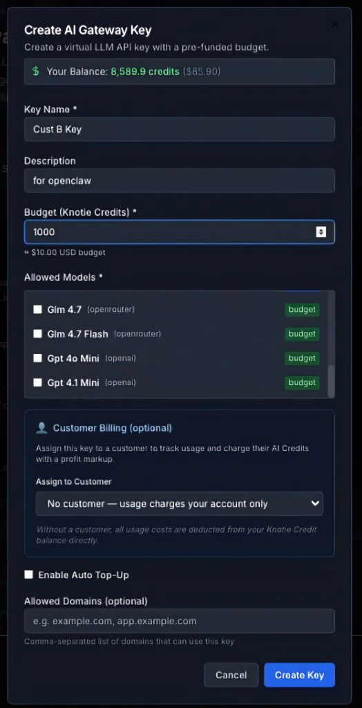 Partner AI Gateway create key modal