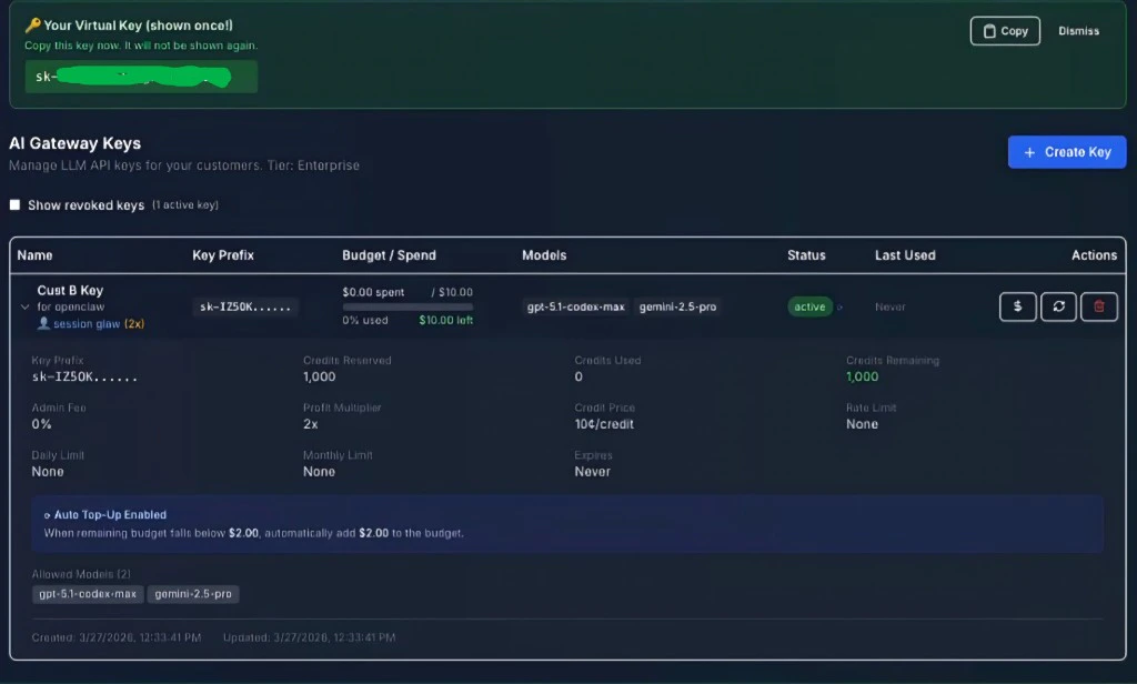 Partner AI Gateway created key
