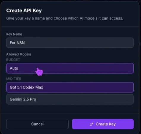 Whitelabel AI Gateway create key modal