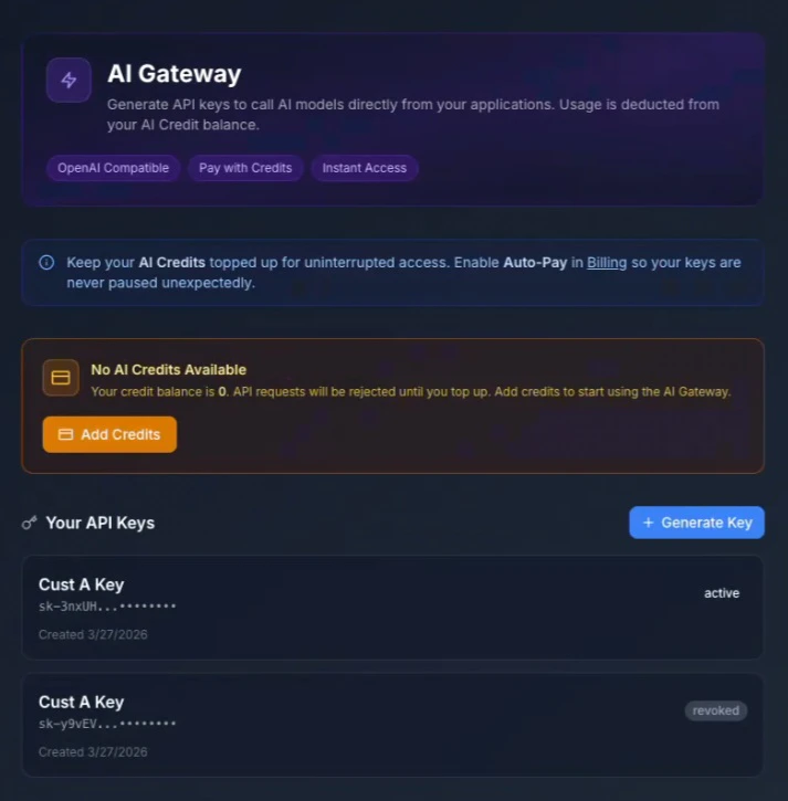 Whitelabel AI Gateway zero credits