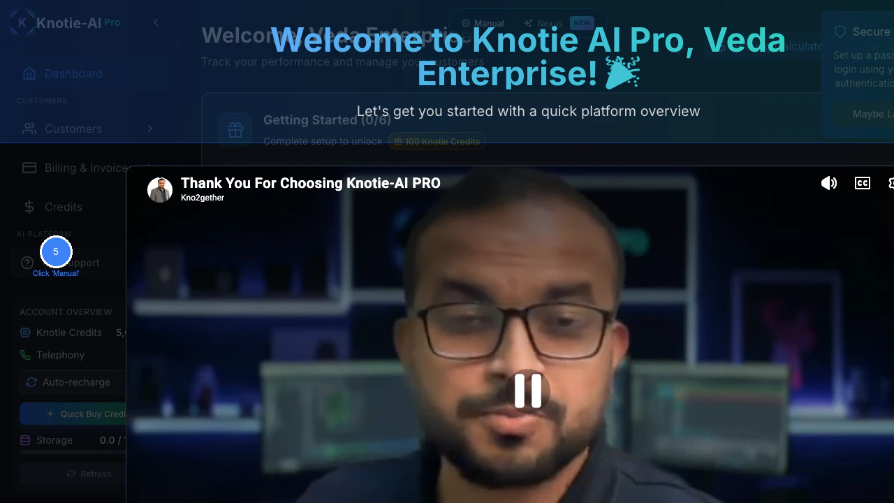 Welcome / Video Tutorial screen — click Manual to skip