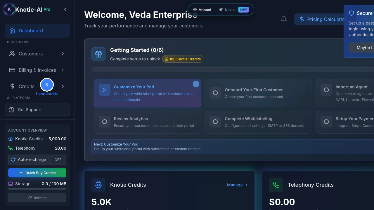 Partner Dashboard with 6-step onboarding checklist