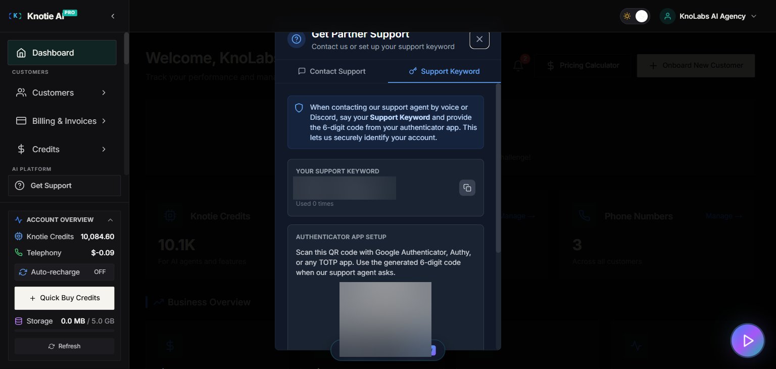 Support modal — Support Keyword tab showing a freshly generated keyword (lean-forge-21) plus the QR code to set up your authenticator app and the Auto-rotate toggle.