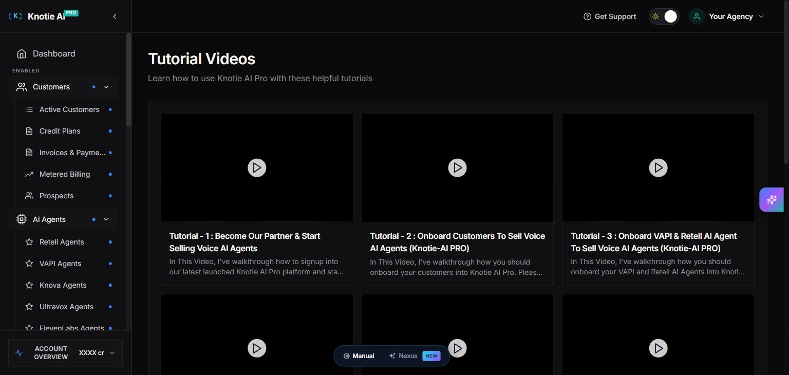 Knotie AI Pro Partner Portal — Tutorial Videos page showing the library of walkthrough videos covering platform onboarding, customer setup, and agent configuration