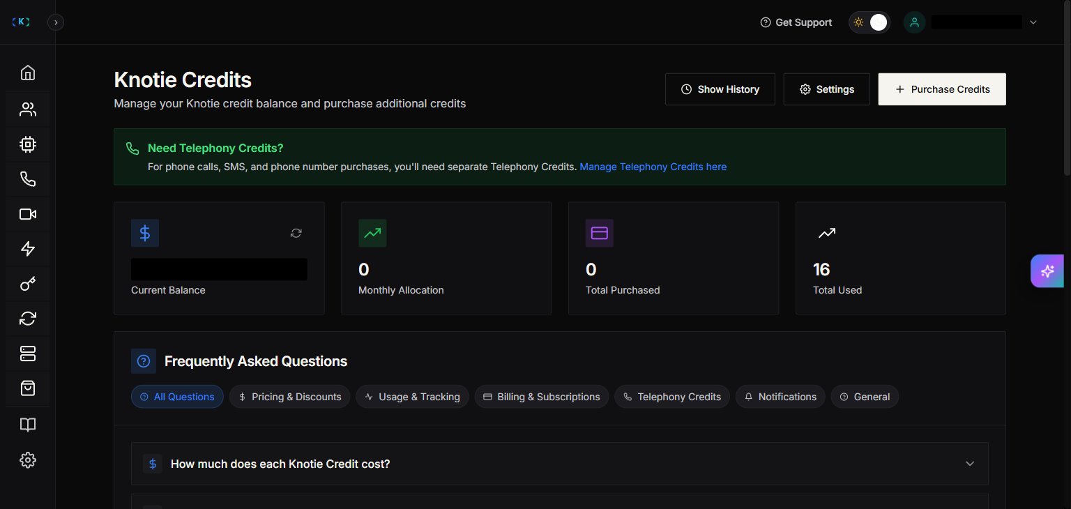 Knotie Credits page showing the recent debit from the VAPI test call