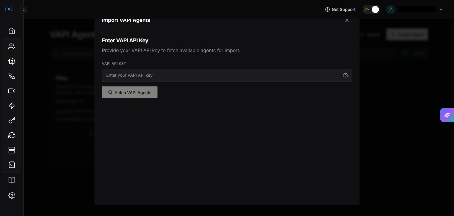 VAPI import modal showing the API key input field and the Fetch VAPI Agents button