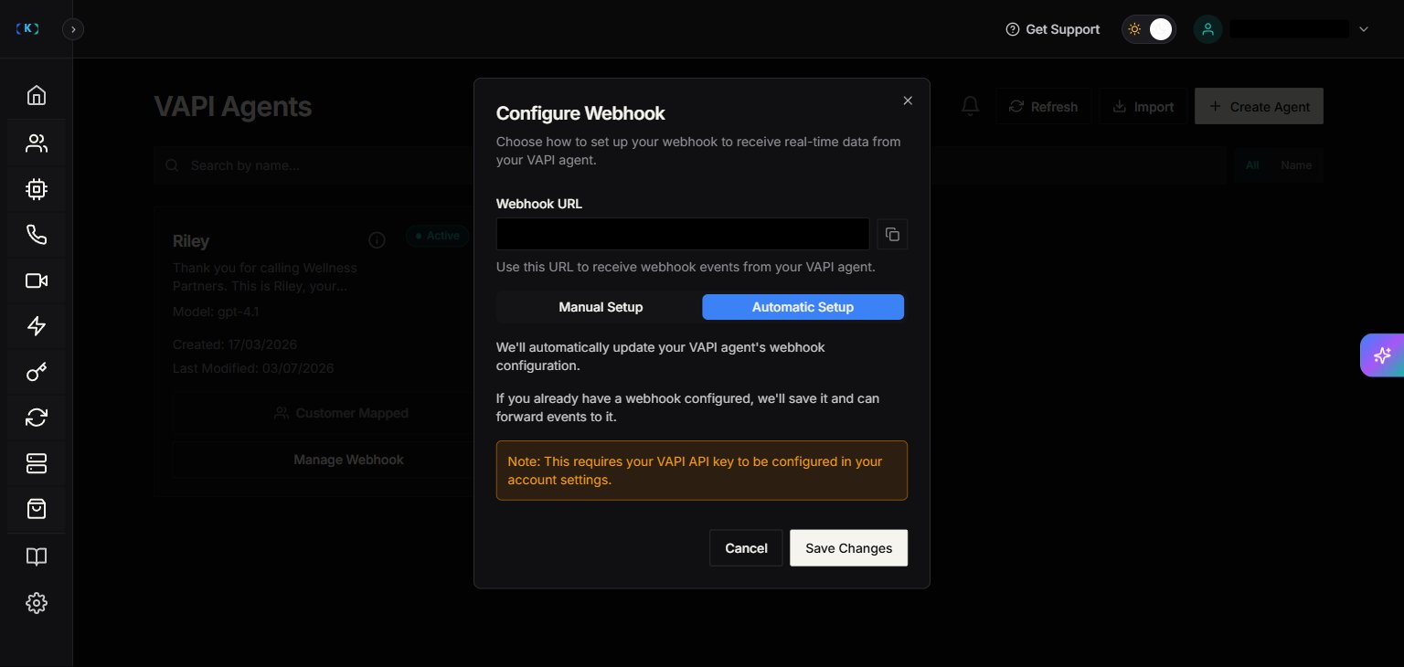 VAPI configure-webhook modal showing the URL and secret fields needed to forward call events into Knotie
