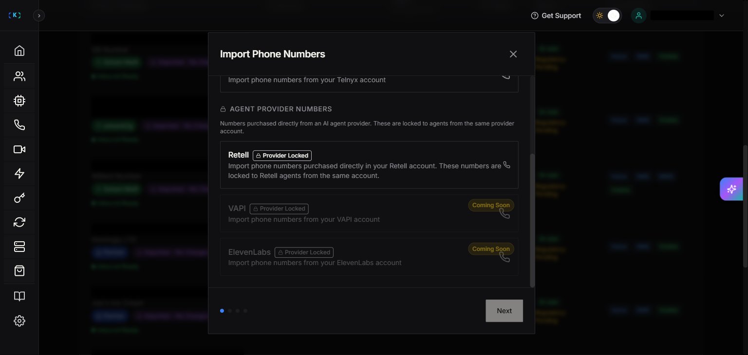 Phone Numbers import page showing VAPI numbers as a Coming Soon option in the current UI