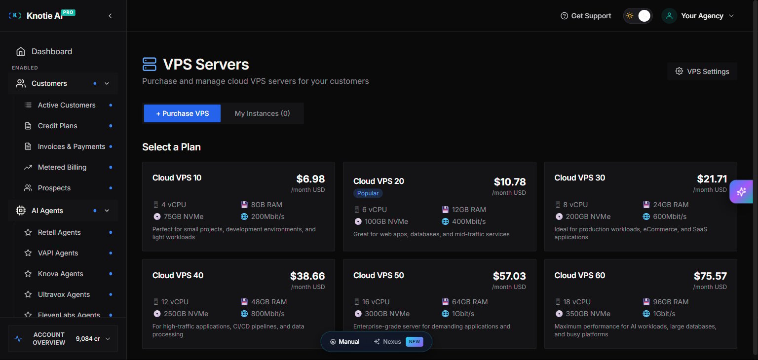 Knotie AI Pro Partner Portal — VPS management page (the server terminal feature is enabled per-customer under their Features & Add-ons, and shows up in the customer's white-label portal as "Server Terminal")