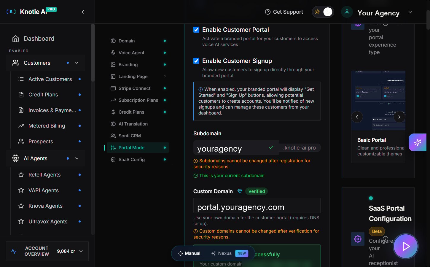 White-Label Customer Portal Domain settings — Enable Customer Portal and Signup toggles, the Subdomain field with the "cannot be changed after registration" note, and the Custom Domain field, with the portal mode preview on the right