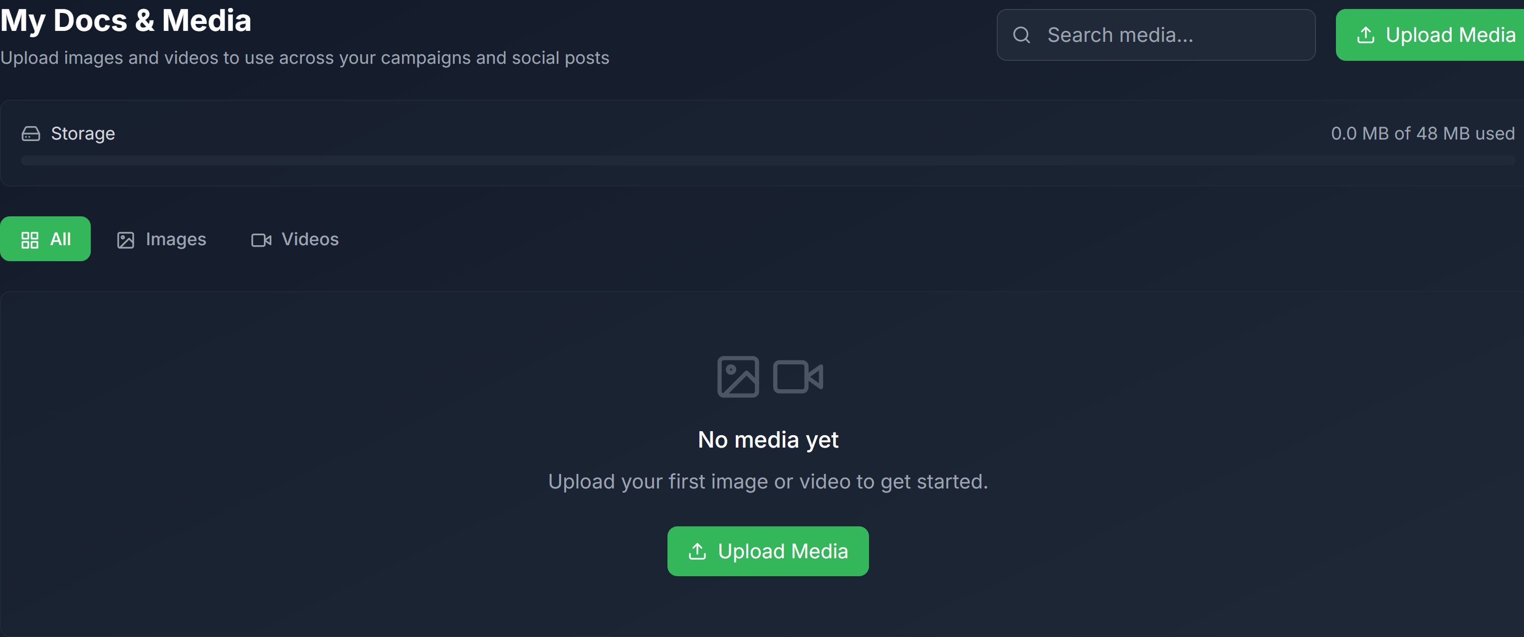 My Docs & Media in the customer portal — a search bar, Upload Media button, a per-customer storage meter, All / Images / Videos filter tabs, and the empty state prompting the first upload