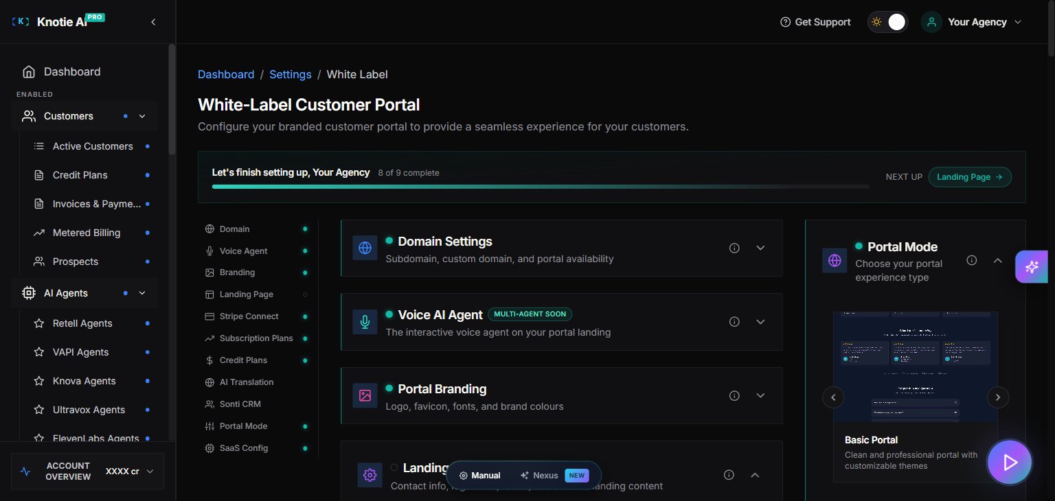 White-Label Customer Portal settings page showing Domain Settings, Voice AI Agent, Portal Branding, and Portal Mode sections