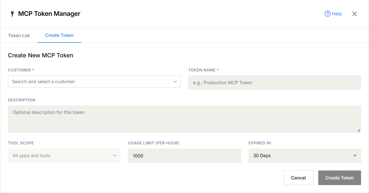 The Create Token tab in the MCP Token Manager