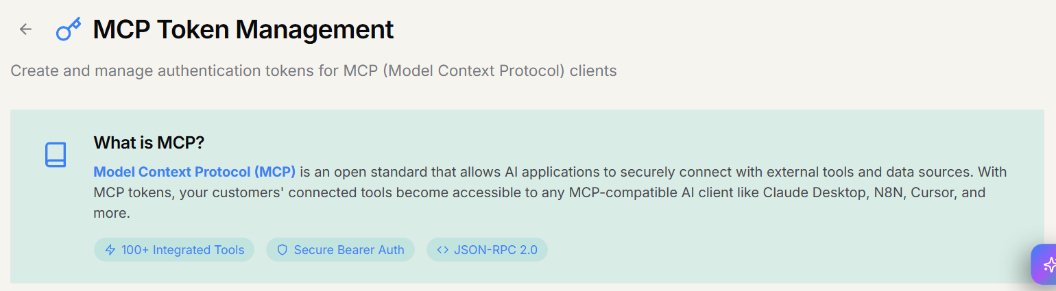 The MCP Token Management page