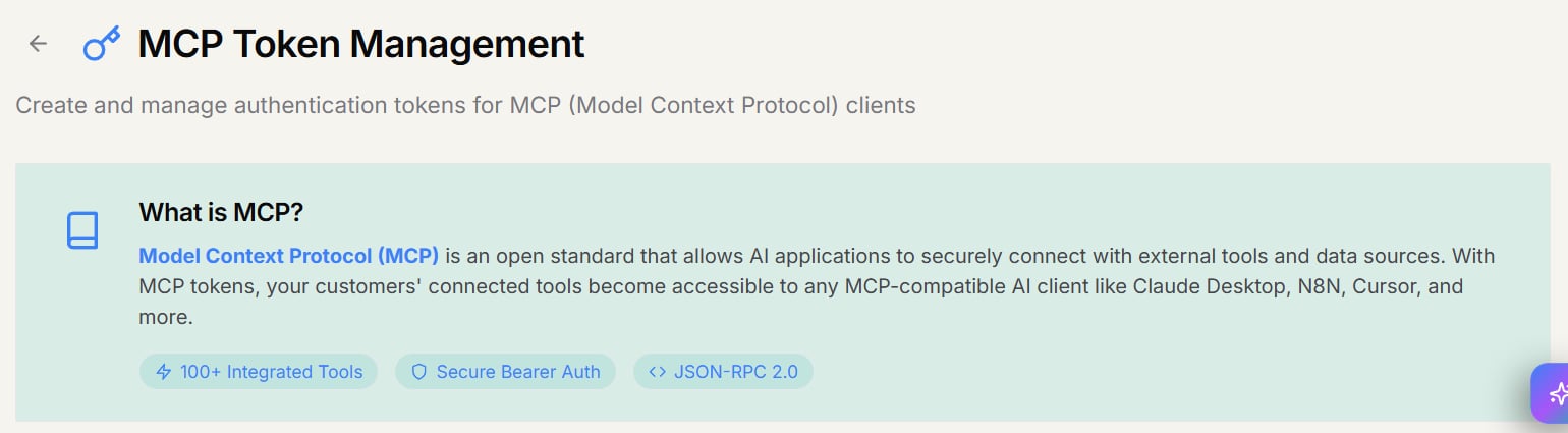 The MCP Token Management page