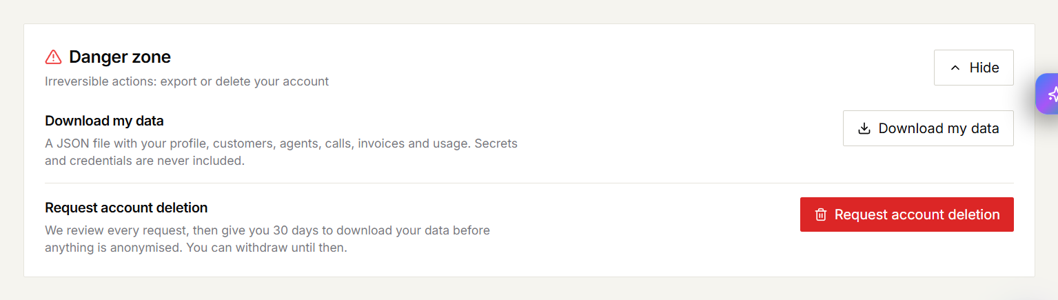 The Danger zone in Partner Settings, showing the Download my data and Request account deletion options