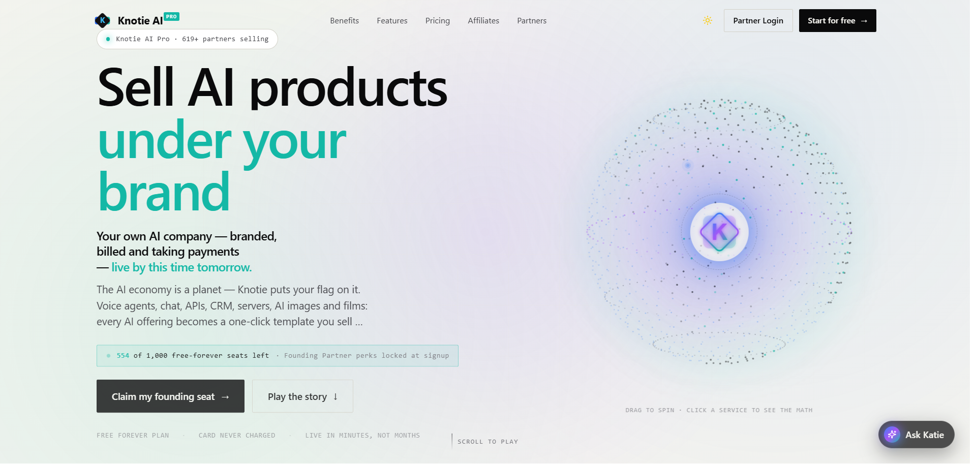 Knotie AI Pro homepage with the product explorer and partner sign-up actions