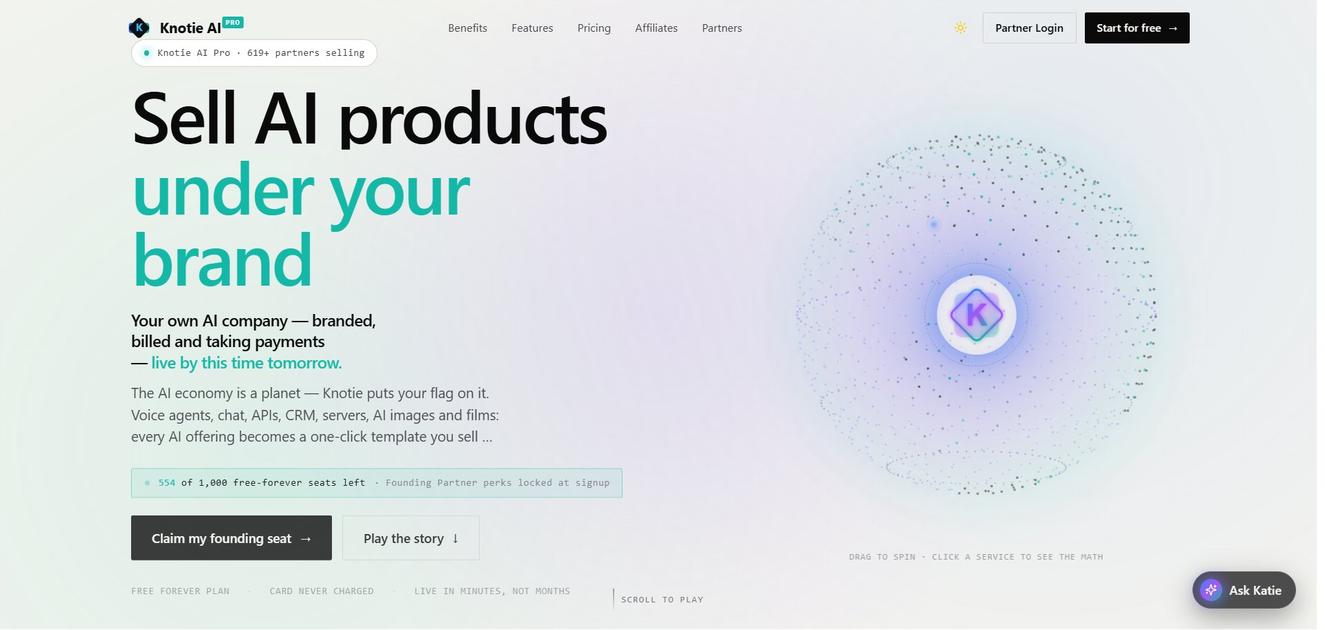 Knotie AI Pro homepage with the product explorer and partner sign-up actions
