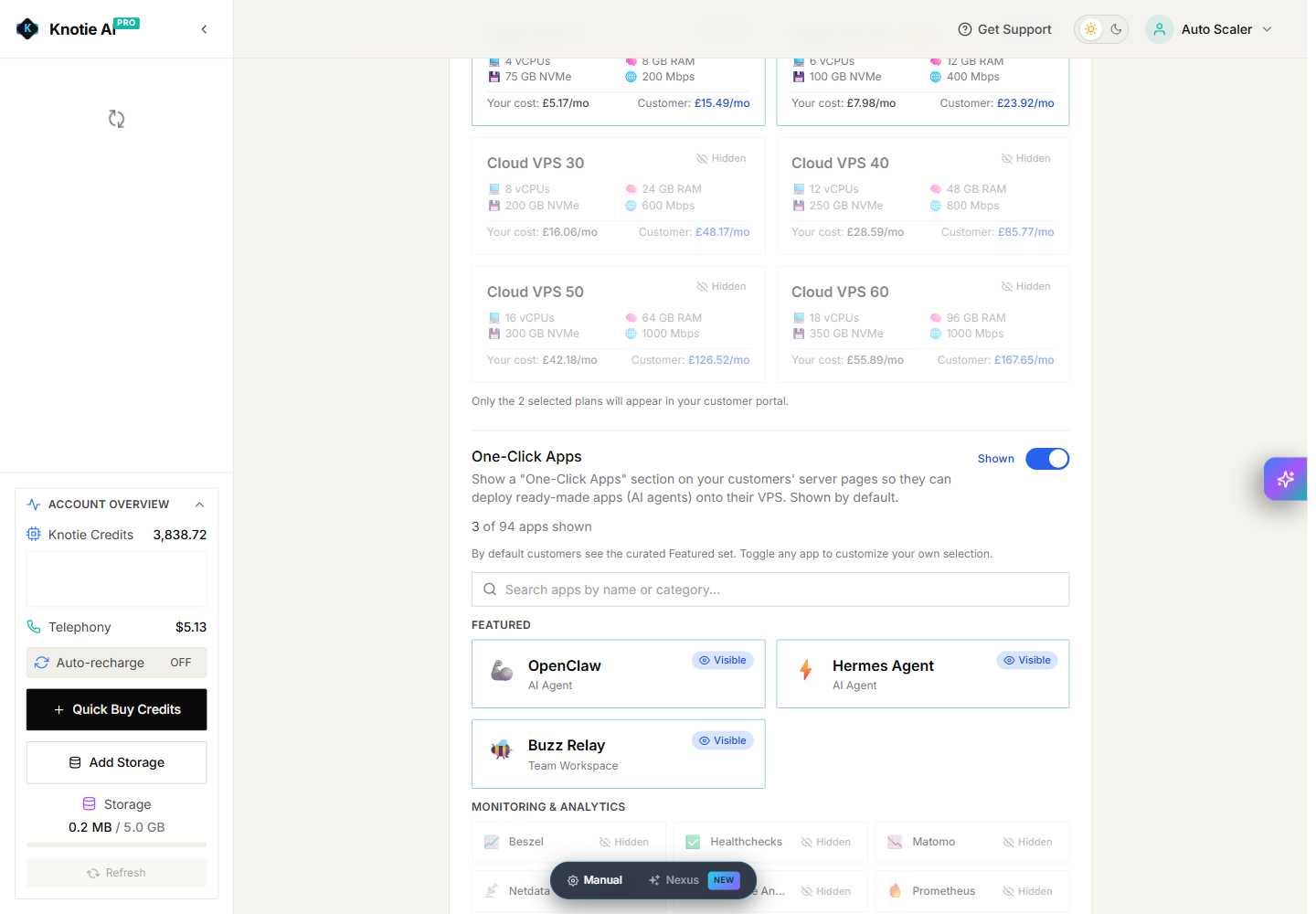 One-Click Apps settings with search, categories, and customer visibility controls