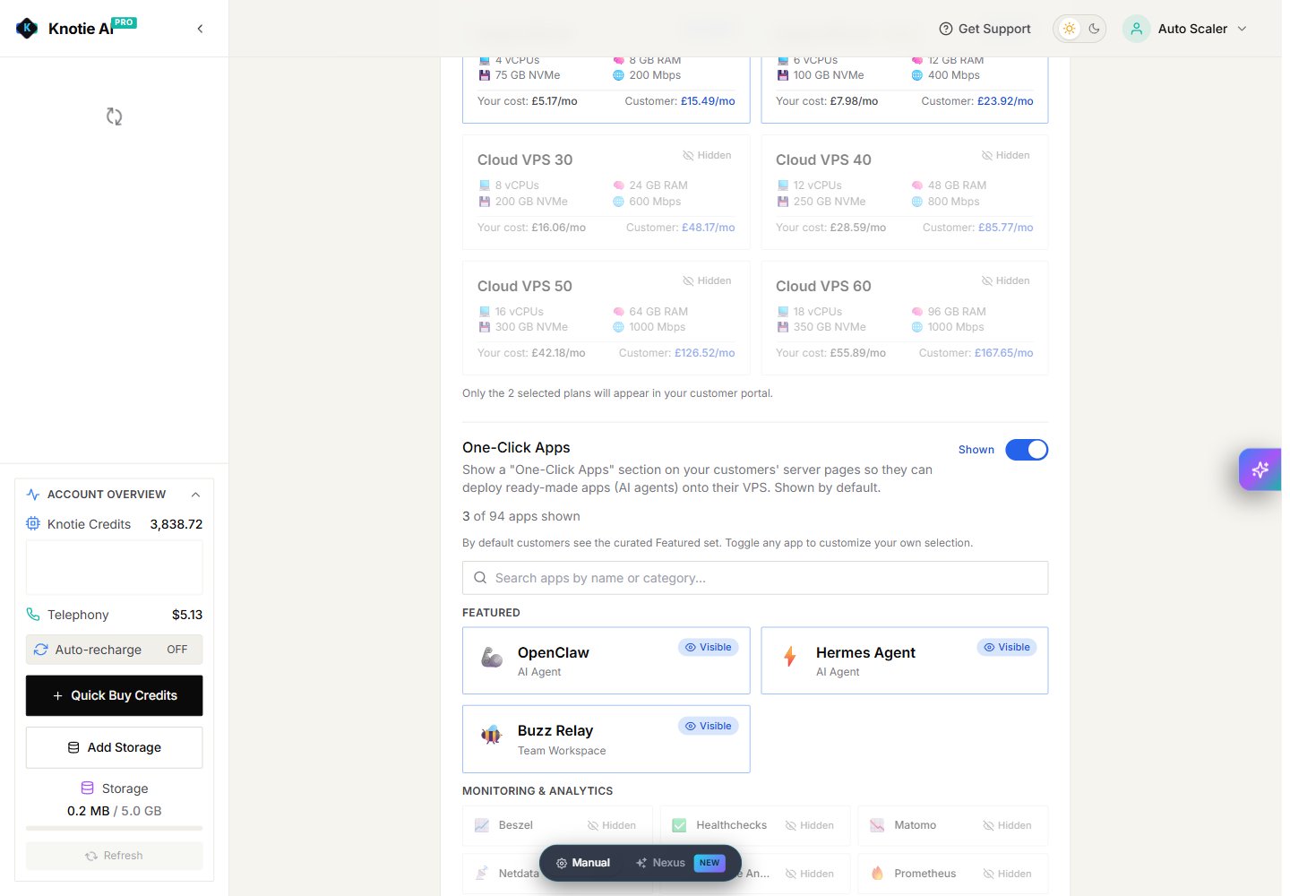 One-Click Apps settings with search, categories, and customer visibility controls